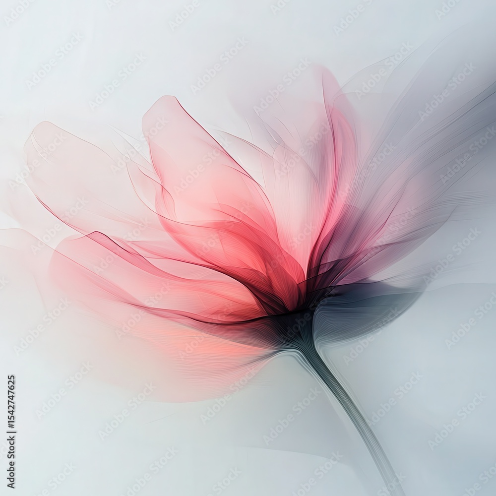 Fototapeta premium A pink flower, captured in motion blur against an empty white wall, evokes the feeling of gentle wind and freedom, with a focus on softness and minimalism. The blurred petals add.