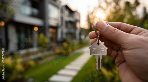 Close-up of a hand holding a house key with a house-shaped key tag, in front of a modern home, symbolizing new beginnings, ownership, and a fresh chapter in life.