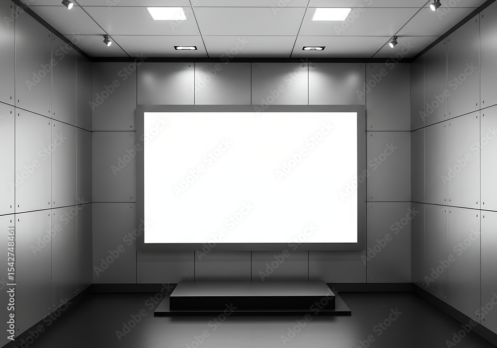 Fototapeta premium Modern Exhibition Space with Blank White Screen and Platform for Display