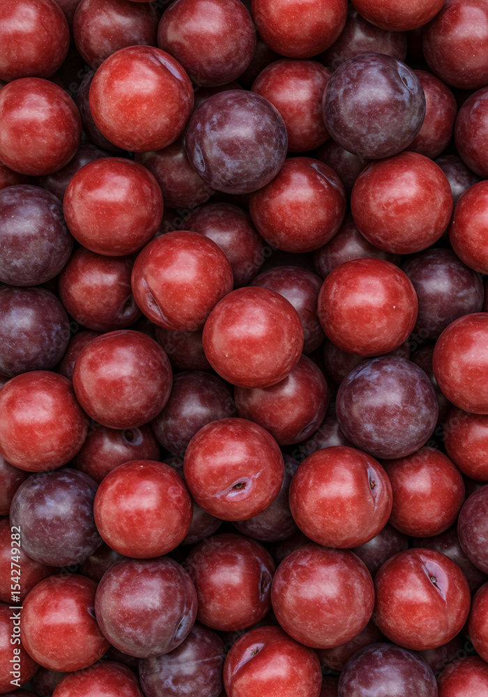 Fototapeta premium a dense collection of ripe plums, deep purple and reddish tones