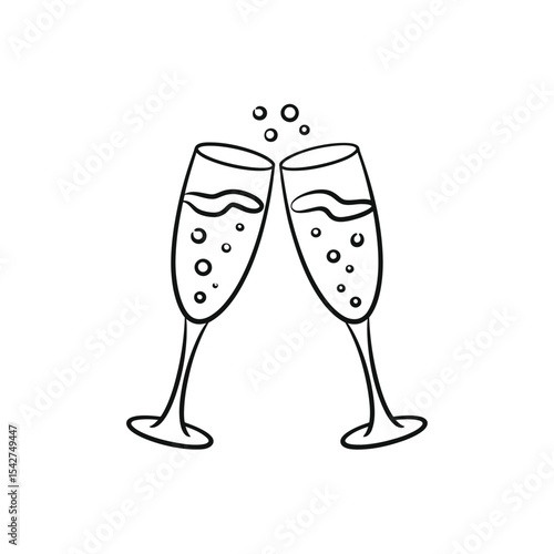 Two champagne glasses toasting line art on white background