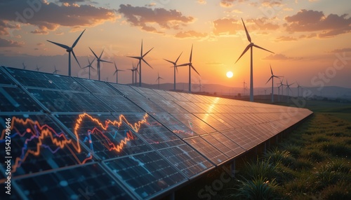 Solar Panel Energy production with display growth chart on grass at sunset with wind turbines in the background. Renewable energy concept, clean power, innovation, sustainability, green Eco tech, 8k