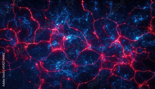 Abstract network of glowing, vibrant red and blue lines on a dark surface