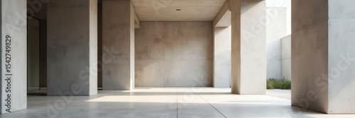 Modern architectural space with concrete walls and pillars, and sunlight streaming in