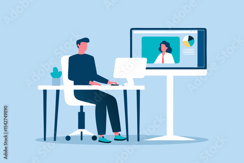 Man Attending Virtual Meeting with Female Colleague Presenting Data on Large Screen in Home Office Setting During Day