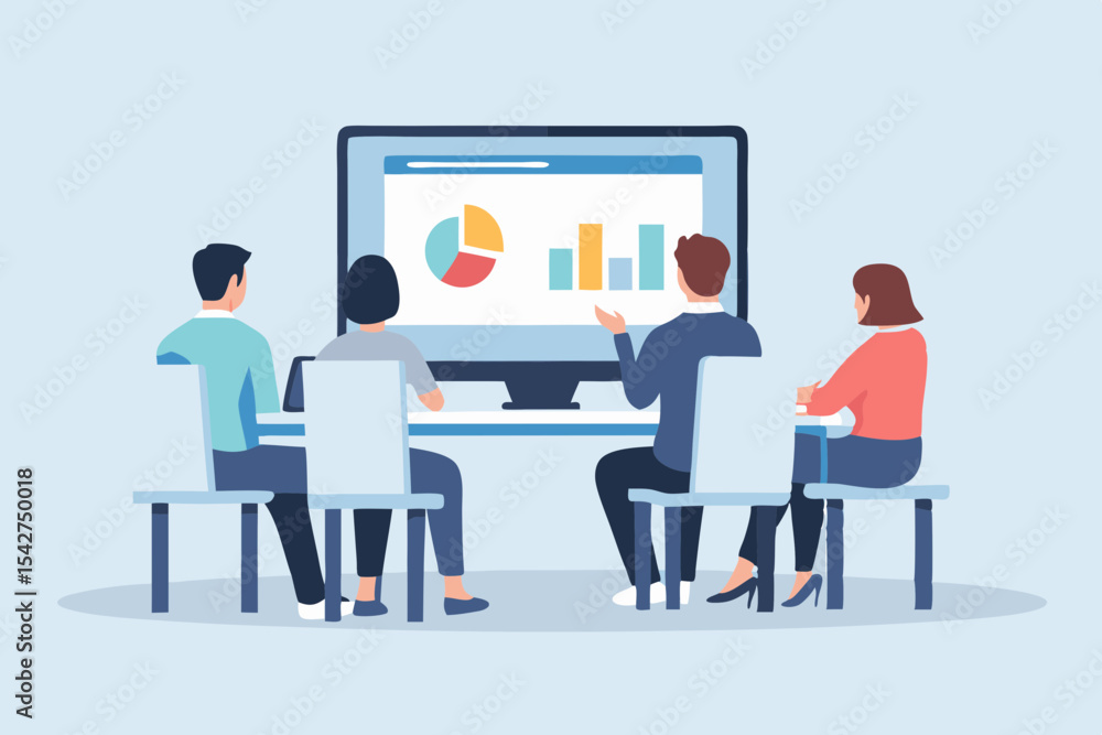 Business Meeting with Data Presentation on a Large Screen Four People Discussing Charts and Graphs Back View Flat Vector Illustration Business Meeting with Data Presentation on a Large Screen Four People Discussing Charts and Graphs Back View Flat Vector Illustration