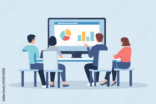 Business Meeting with Data Presentation on a Large Screen Four People Discussing Charts and Graphs Back View Flat Vector Illustration