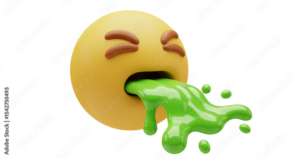Fototapeta premium Nauseated Emoji Vomiting Green Slime - 3D Render