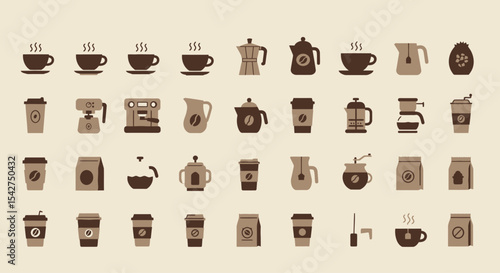Coffee icons in a grid arrangement. Cups, pots, machines, and bags are depicted in a minimalist style.