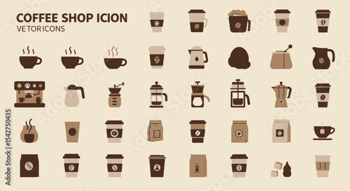 Collection of vector icons representing coffee shop items, including cups, brewers, beans, and accessories.