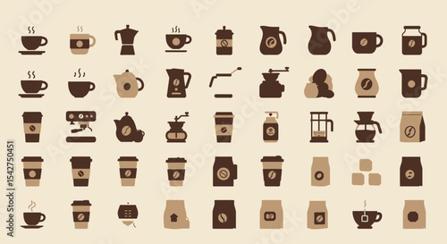 A collection of coffee-related icons in brown and beige, including cups, pots, grinders, and beans, arranged on a light background.
