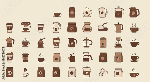 Collection of coffee-related icons, including cups, pots, beans, and brewing equipment, arranged in a grid pattern on a beige background.