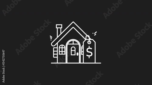House with a price tag white line animation. suitable for real estate concepts, property listings, home buying, Seamless loop HD video with alpha channel on transparent background.
