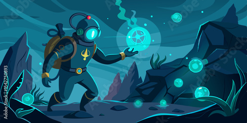 A Deep Sea Diver Encounters a Mysterious Glowing Underwater Ruin during an Expedition