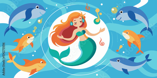 A mesmerizing mermaid serenades a captivated audience of dolphins gathered in a circle under the ocean's surface
