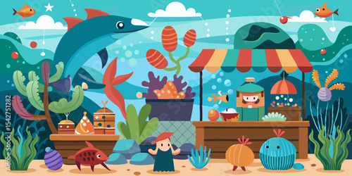 Vibrant Underwater Market Scene featuring Sea Creatures Selling Goods