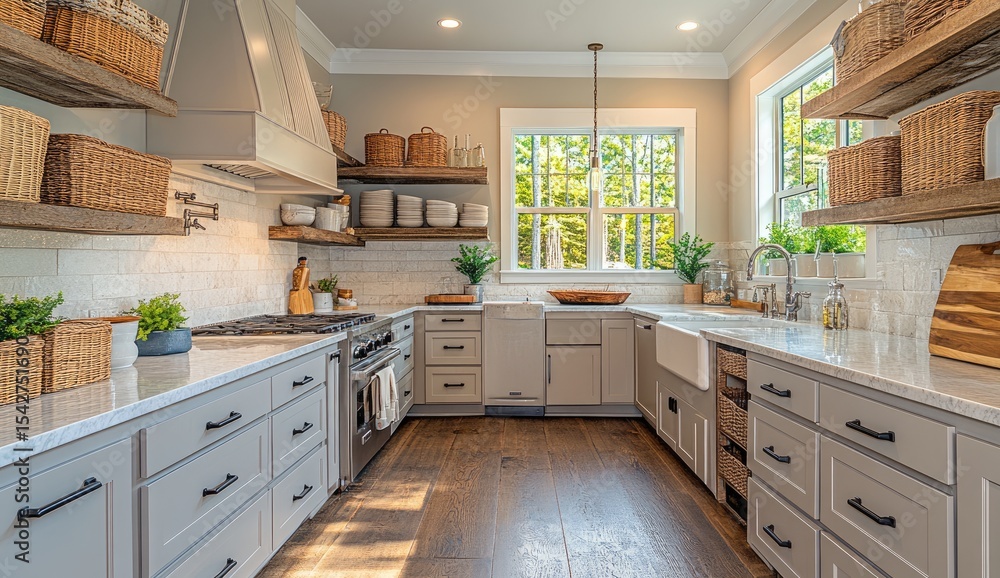 Bright, airy kitchen with light gray cabinets, wood accents, and open shelving Bright, airy kitchen with light gray cabinets, wood accents, and open shelving