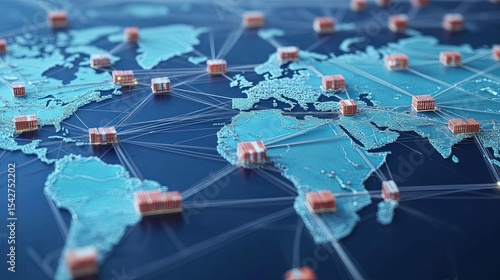 Global industrial assembly line interconnected with international factory icons and shipping routes on supply chain map, representing logistics, manufacturing, and worldwide export distribution

