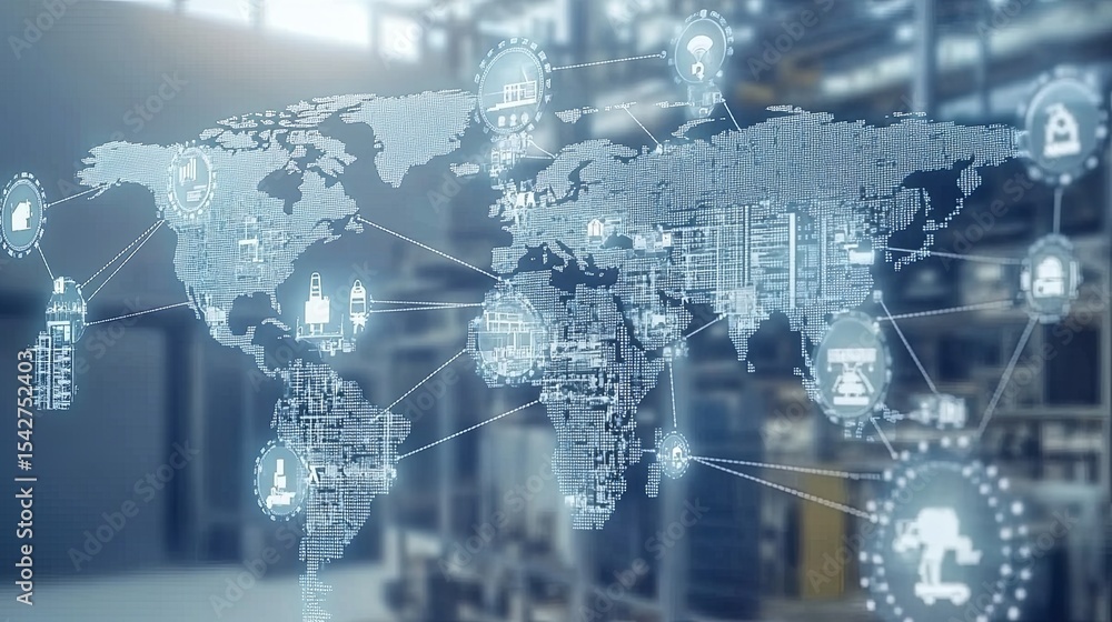 Obraz premium Global industrial assembly line interconnected with international factory icons and shipping routes on supply chain map, representing logistics, manufacturing, and worldwide export distribution