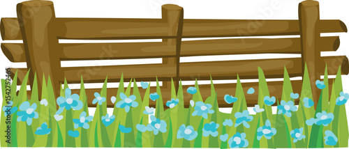 Tall Fence with Blue Flowers vector border for garden, landscape, spring, and nature decoration