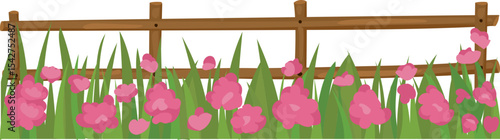 Wooden Fence with Yellow Blossoms vector border for garden, landscape, spring, and nature decoration