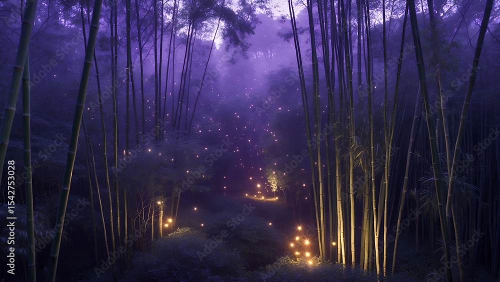 Naklejka premium Walking Path Through Bamboo Forest Glowing With Light in Evening