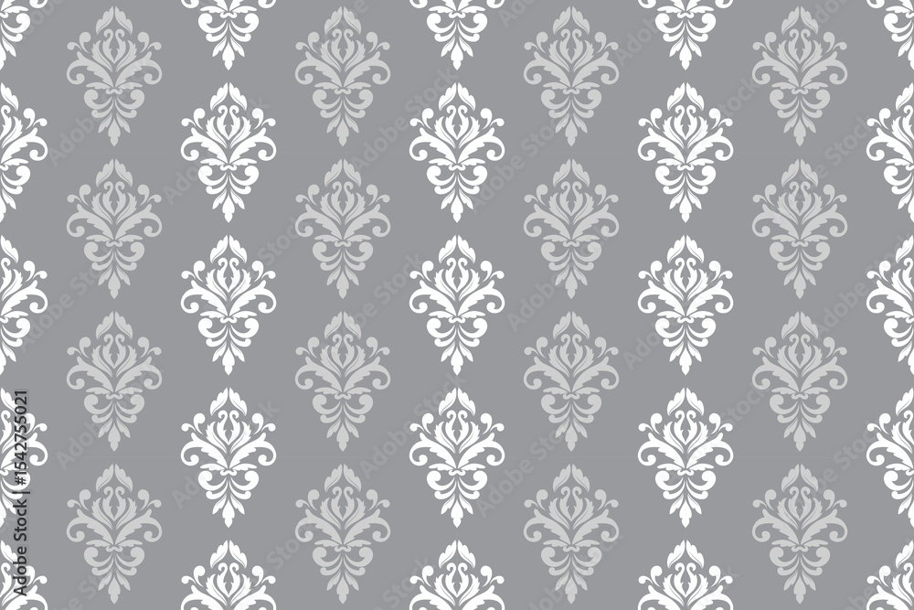 Elegant Victorian floral damask  seamless pattern on gray background 