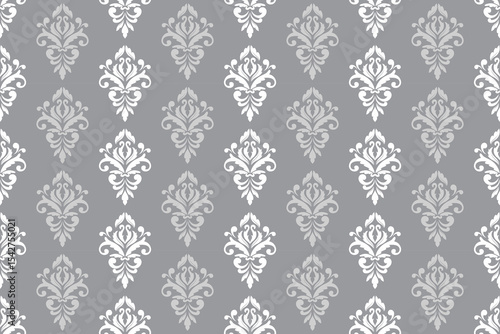 Elegant Victorian floral damask  seamless pattern on gray background 