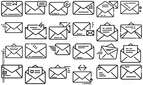 Collection of twenty four different envelope icons in outline style art