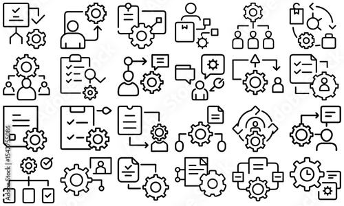 Collection of process management icons depicting workflow and automation