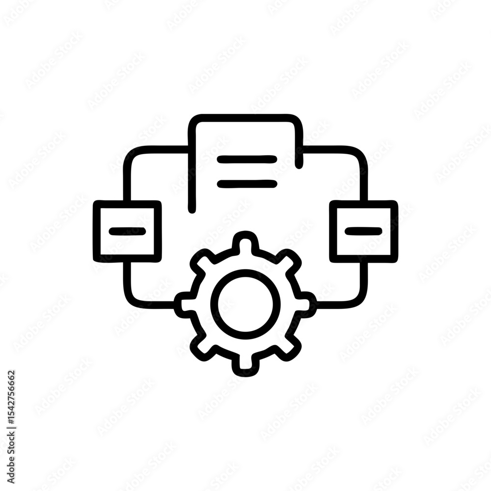 Outline of a gear beneath a document connected to two small squares Outline of a gear beneath a document connected to two small squares
