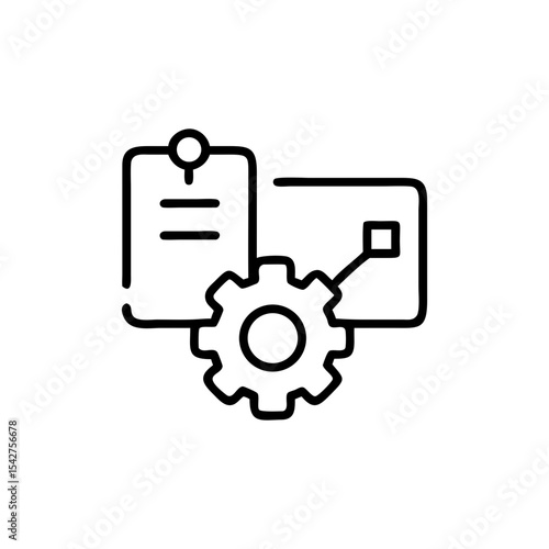 Icon of a document with a pin, a gear, and a diagram in black outline
