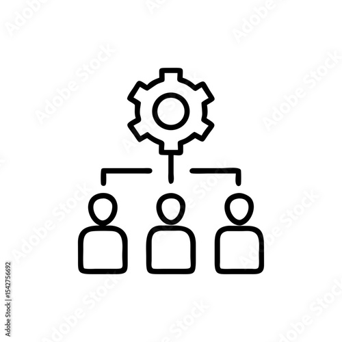 Gear above three people connected by lines in a hierarchical structure