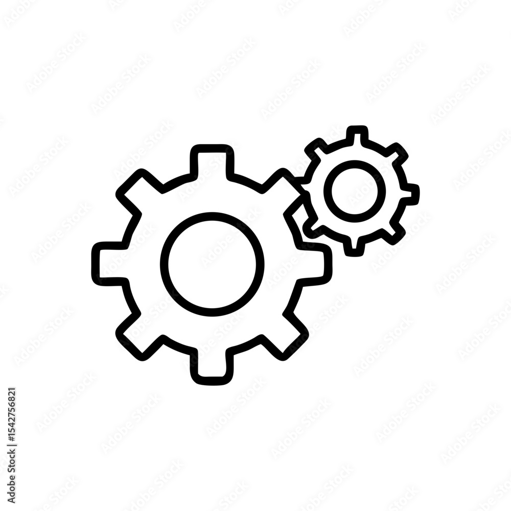 Two interlocking gears depicted in a simple black and white line drawing Two interlocking gears depicted in a simple black and white line drawing