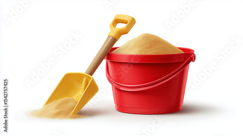 Red bucket and yellow shovel holding sand on transparent background