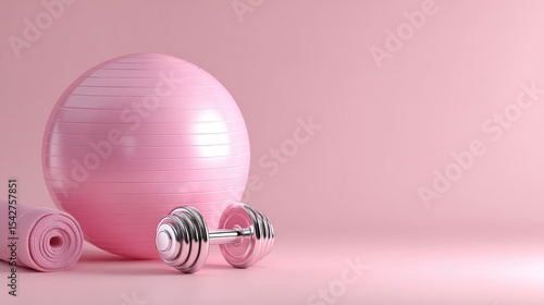 Cancer Exercise equipment on a pink background, featuring a stability ball, yoga mat, and dumbbells.