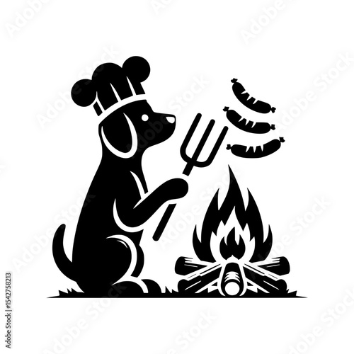 Chef dog cooking sausages on campfire