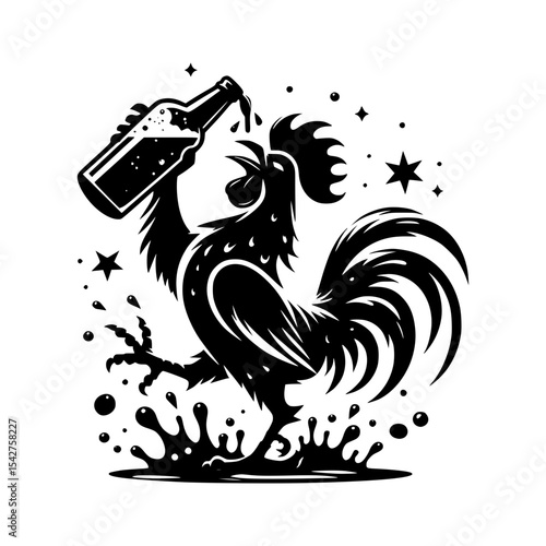 Rooster drinking beer black and white illustration