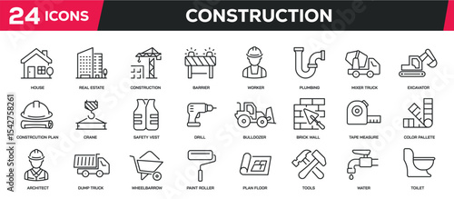 Set of collection line icons related construction, building, property. Editable stroke. Perfect pixel on transparent background