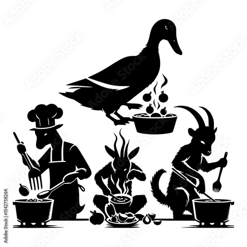 Silhouette illustration of goats and duck cooking