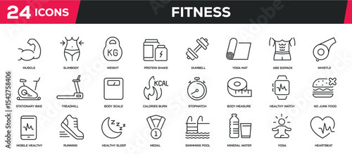 Set of collection line icons related fitness, gym, diet, exercise. Editable stroke. Perfect pixel on transparent background