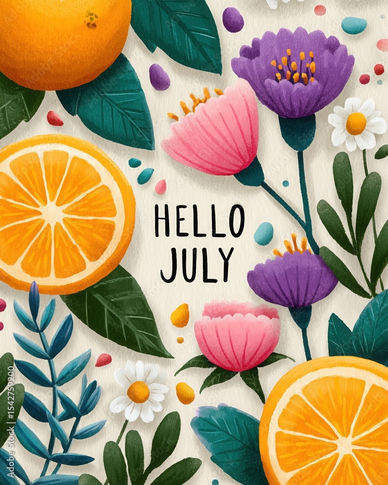 Fototapeta premium Hello July Floral Citrus Background,Summer greetings, monthly calendar art, cheerful illustrations, fruit and floral,
