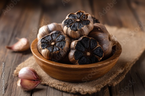 Close-up of Fermented Black Garlic Cloves in a Rustic Wooden Bowl, Dark and Moody Food Photography.  High-resolution image showcasing the deep black color and caramelized texture of the aged garlic bu