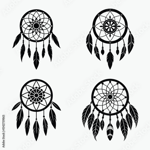 Dreamcatcher silhouette vector set, tribal spiritual design, circular web with feathers