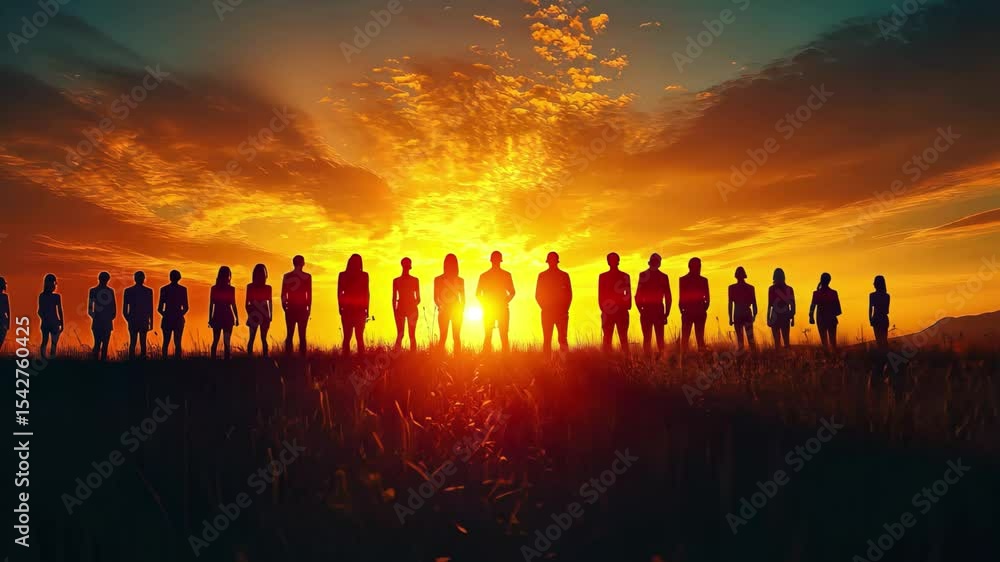 Group of people silhouetted against a vibrant sunset on a cloudy evening in a serene outdoor setting Group of people silhouetted against a vibrant sunset on a cloudy evening in a serene outdoor setting