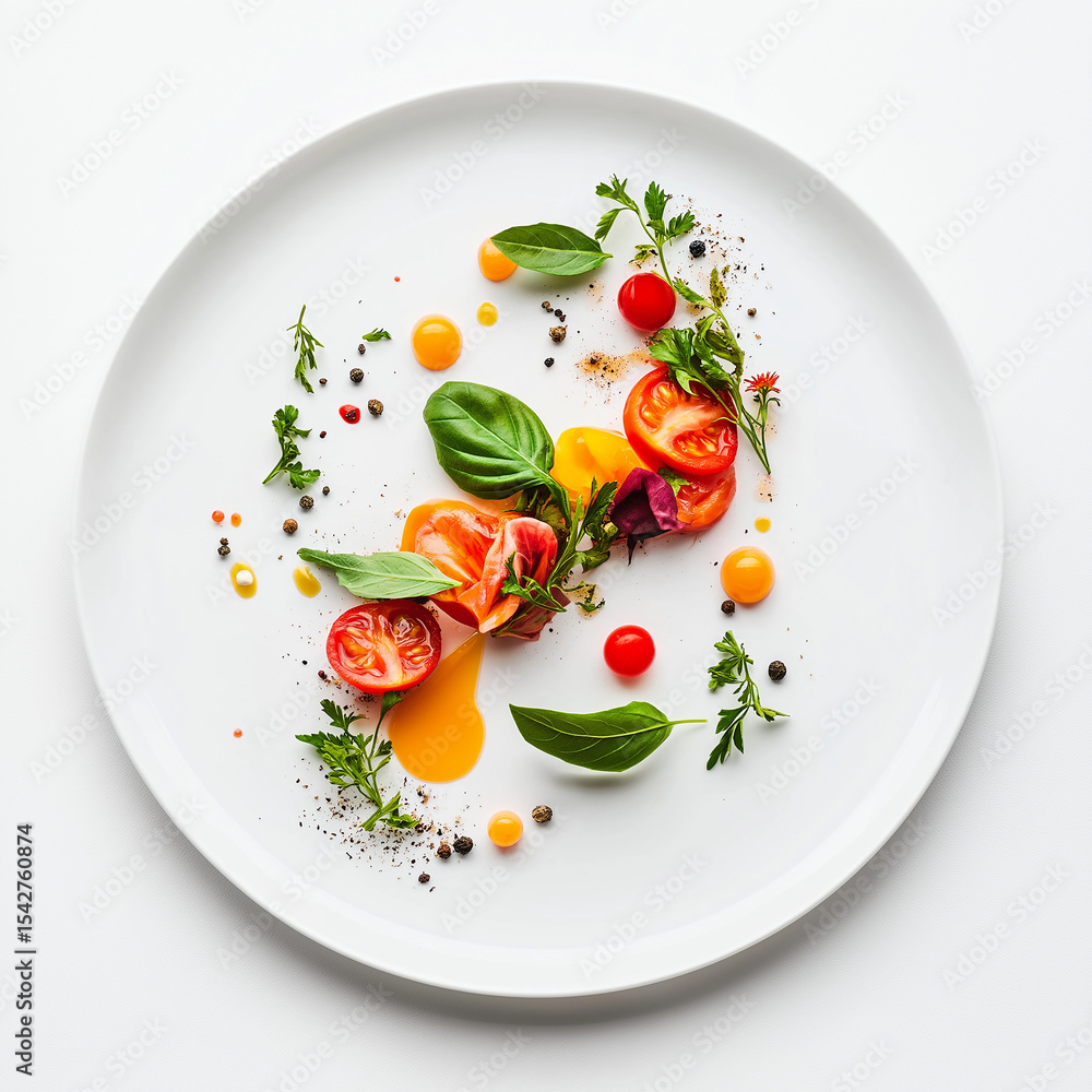 A white plate holds an exquisite meal with vegetables, cherry tomatoes, matched with colorful sauces and herbs. The plating looks nice. A white plate holds an exquisite meal with vegetables, cherry tomatoes, matched with colorful sauces and herbs. The plating looks nice.