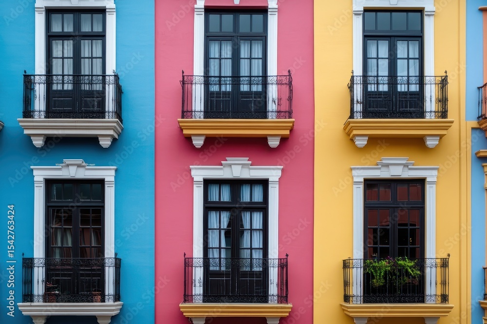 Fototapeta premium Vibrant balconies and colorful buildings in Casco Viejo, Panama, Buildings with balconies in Casco Viejo