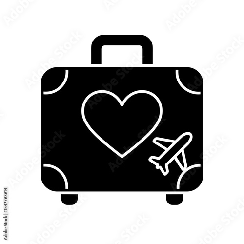 Suitcase with heart and airplane in solid style – symbol of honeymoon or romantic travel