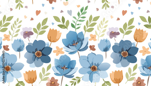 Cute blue anf brawn floral watercolor seamless pattern with white watercolor background. Flower vector illustration. Watercolor print in rustic vintage style,canada, ink, springtime, textured, 