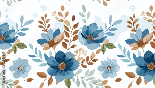 Cute blue anf brawn floral watercolor seamless pattern with white watercolor background. Flower vector illustration. Watercolor print in rustic vintage style,canada, ink, springtime, textured, 